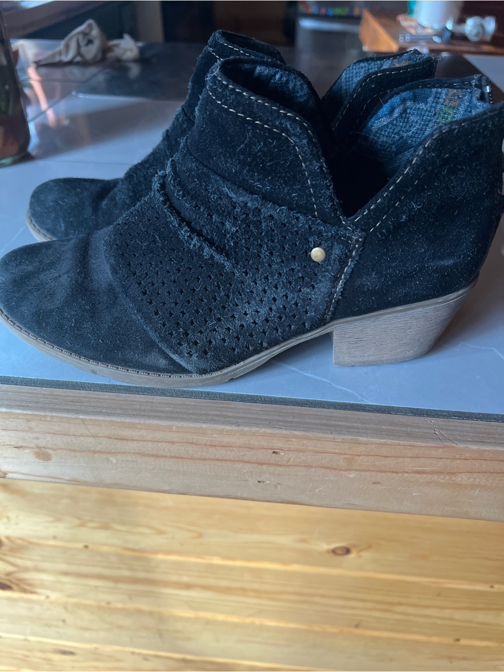 Earth Origins Black Suede Perforated Ankle Booties with Low Block Heel